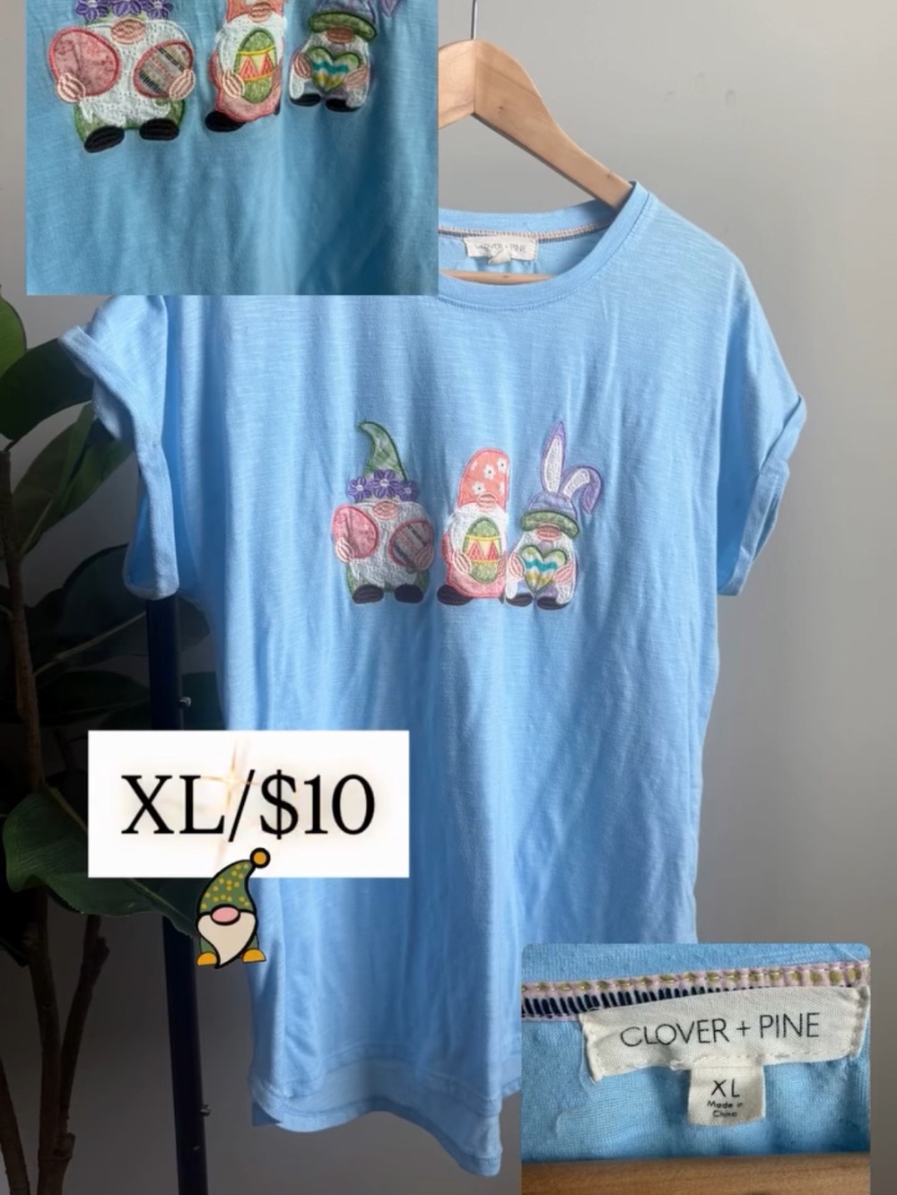 Light Blue Short Sleeve Tee with Easter Bunny Embroidery - XL